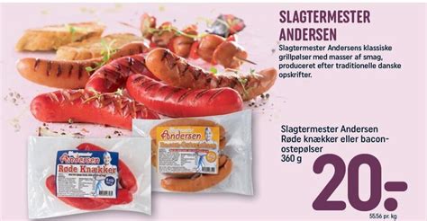 Slagtermester Andersen Røde knækker eller bacon ostepølser 360 g tilbud