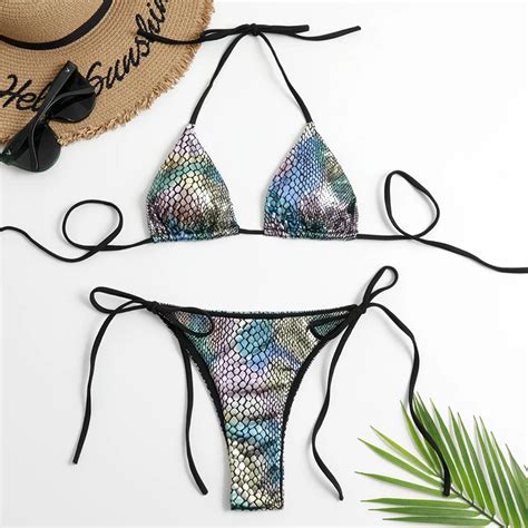 Fish Scales Shiny Halter Triangle Bikini Set Swimwear Women Micro Thong