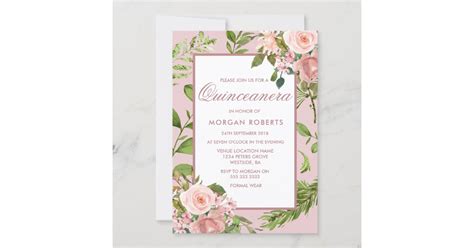 Pink Floral Greenery Leaf Quinceanera Invitation Zazzle