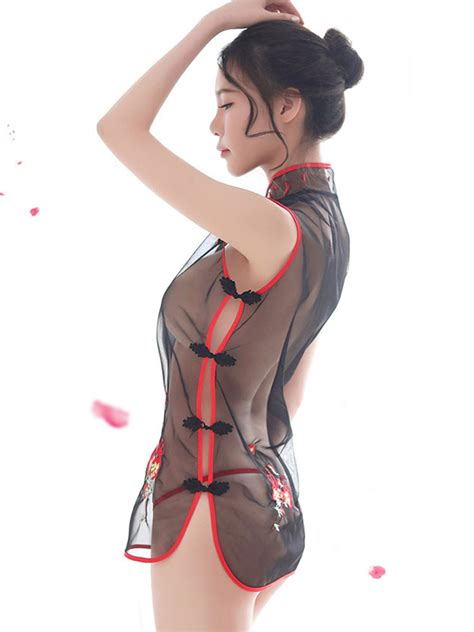 Sexy Costume Qipao Dress Mini Cheongsam Sheer Tulle Women Night Wear Lingerie Set Halloween