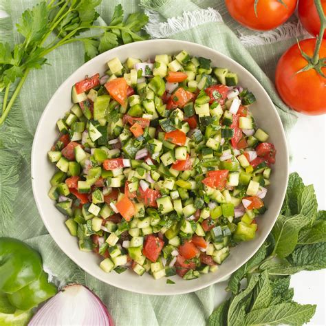 Chopped Israeli Salad With Cucumber Tomato Bell Pepper Onion Fresh