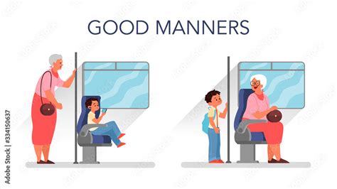 Good Manners Concept Retired Woman Standing In The Bus Stock Vector