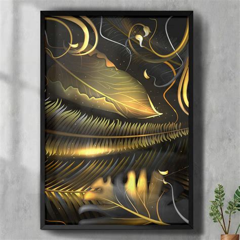 Quadro Decorativo Abstrato Folhas Em Ouro Fundo Preto Fran Adesivos