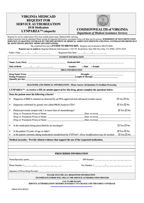 Form Dmas P Virginia Medicaid Request For Service Authorization