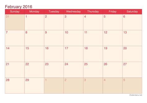 February 2016 Printable Calendar