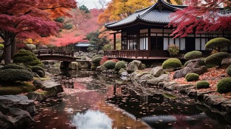 Premium Photo Japanese Garden In Autumn With Pond And Bridge Kyoto Japan