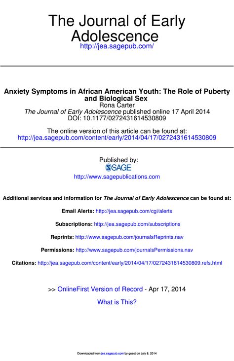 PDF Anxiety Symptoms In African American Youth The Role Of Puberty And Biological Sex