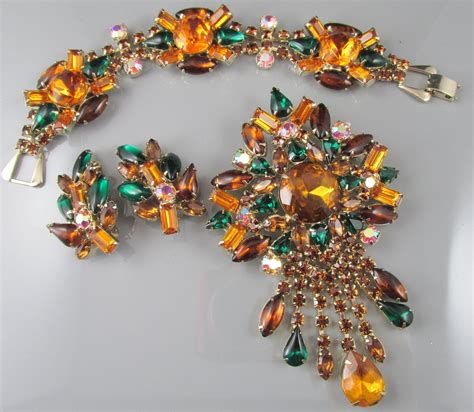 Vintage Amber And Green Rhinestone Brooch Bracelet And Earring Parure