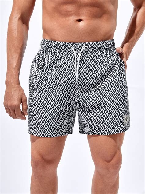 Men Geo Print Letter Patched Detail Drawstring Waist Swim Trunks In 2023