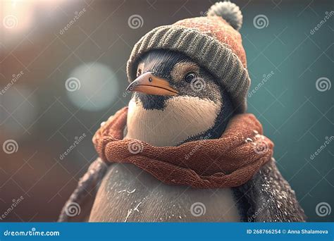 Portrait Of A Cute Penguin In A Winter Scarf And Hatai Generative