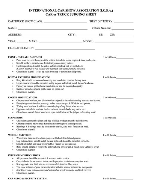 Free Printable Car Show Judging Sheet Fill Out Sign Online Dochub