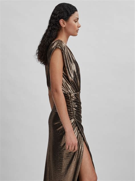 Halston Metallic Ruched Maxi Dress In Gold Reiss