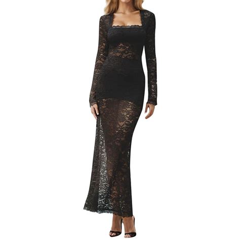 Dvkovi Womens Solid Color Bodycon Sexy Trend Long Dress Lace Patchwork