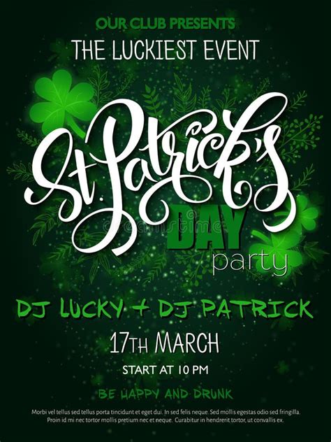 Vector St Patricks Day Party Poster With Lettering Clover Leaf And Branches Stock Vector