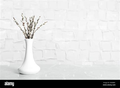 Beautiful Pussy Willow Branches In Vase On Grey Marble Table Space For Text Stock Photo Alamy