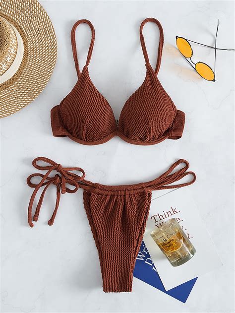 Conjunto De Bikini Texturizado Sujetador Push Up Con Aros Y Parte