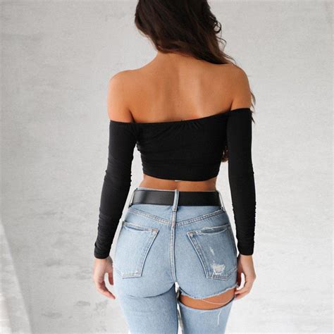 Women Sexy Deep V Neck Tops Cross Long Sleeve Lady Girl Crop Tops Off