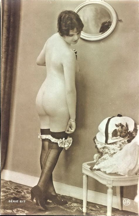 Vintage French Risque Nude S Ja Postcard Flapper Stripping Tush Out