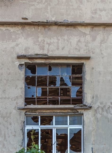 Big Broken Window Glass on Abandoned Building and Cracked Glass Stock ...