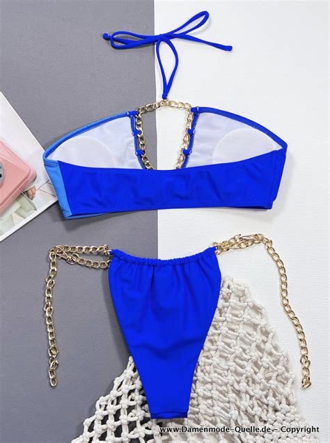 Neuheiten 2024 Sexy Patchwork Bikini In Blau Mit Metall Kette