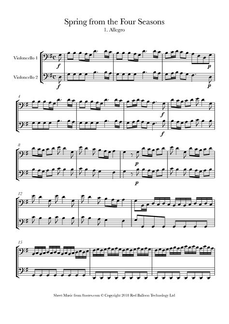 Vivaldi Antonio Spring From The Four Seasons 1 Allegro Sheet Music For Cello Duet