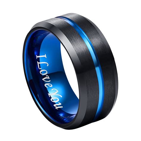 10mm Black Tungsten Carbide Ring With Blue Groove Mens Wedding Band Engraved I Love You Size 7