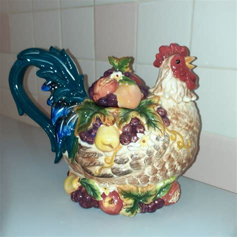 Beautiful Colorful Ceramic Rooster Harvest Vegetables Fruits Teapot