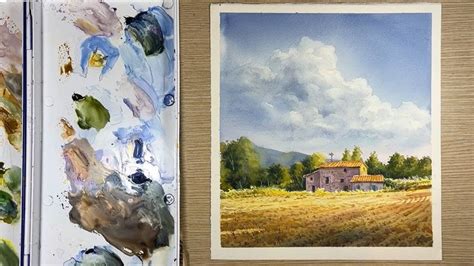 Watercolor Painting Landscape Sky Above The Farm Landscape