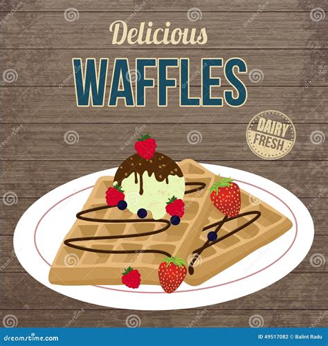 Waffles With Chocolate Ice Cream And Berries Retro Poster Stock Vector