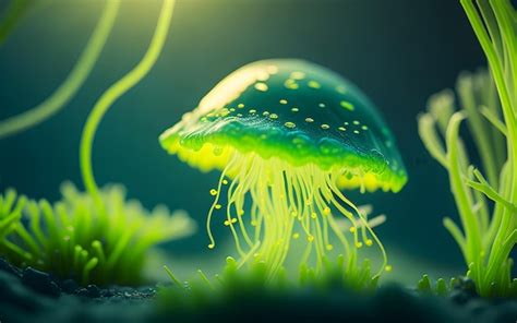 Premium AI Image Glowing Green Jellyfish In Underwater Ocean