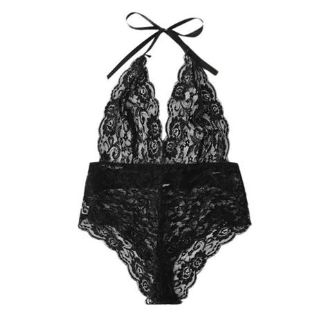 Mode femmes Sexy dentelle Lingerie dos nu combinaison évider body sous vêtements n Noir