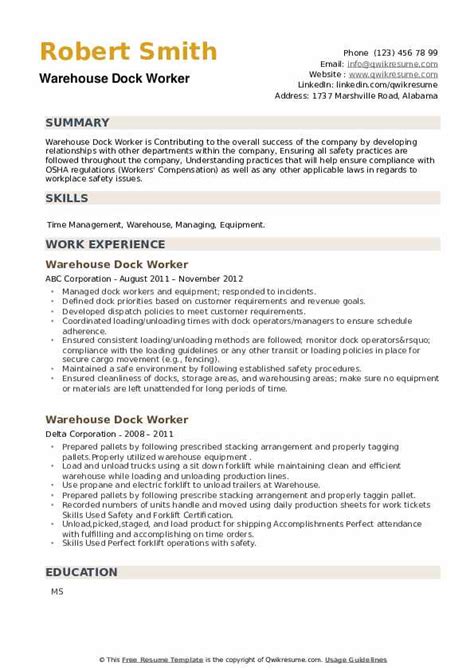 Warehouse Dock Worker Resume Samples QwikResume