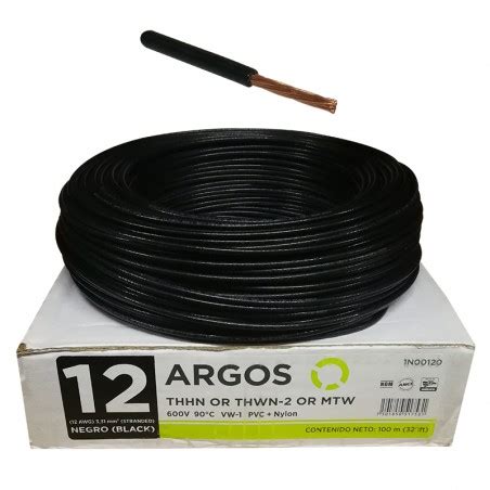 CB12NRA Cable N12 AWG THHN THWN Rollo X 100m Negro Argos