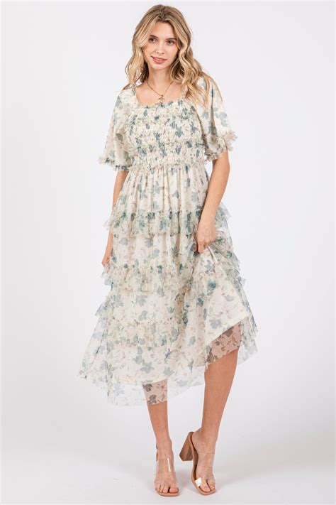 Cream Floral Tulle Smocked Ruffle Tiered Midi Dress Pinkblush