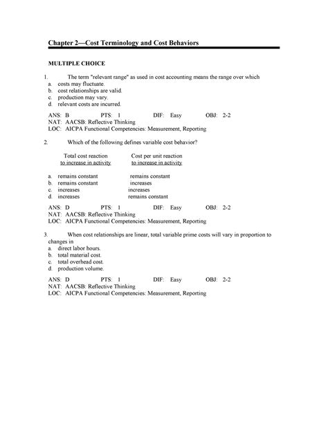 Toaz Answer Chapter 2Cost Terminology And Cost Behaviors MULTIPLE