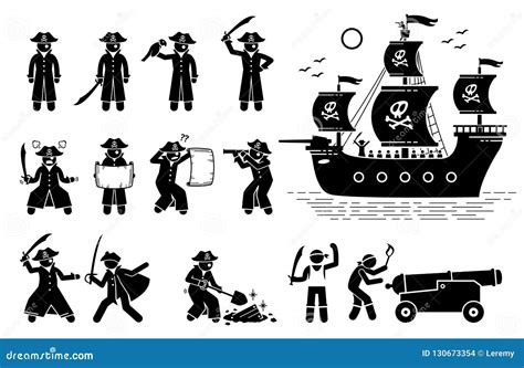 Poses De Pirate Et Icônes De Bateau Illustration De Vecteur