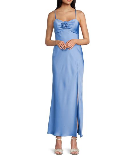 Next Up Satin Sweetheart Neck Front Rosette Side Slit Midi Dress