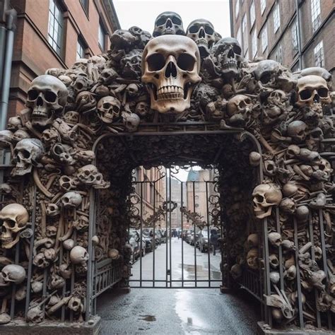 A Bunch Of Skulls That Are On A Gate