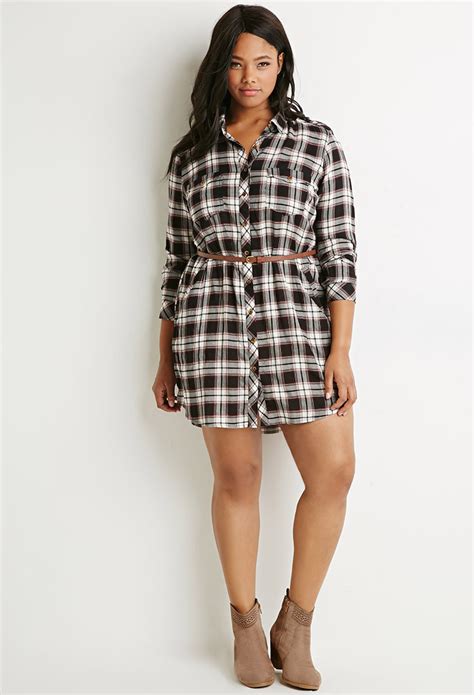 Lyst Forever 21 Plus Size Belted Plaid Shirt Dress In Black