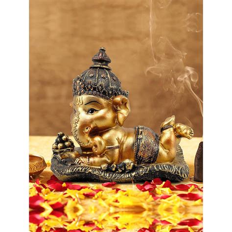 Detailed Handcrafted Golden Lord Ganesh Idol - WallMantra