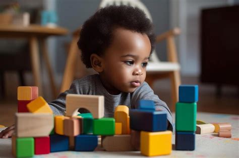 Premium AI Image | African baby playing with wooden colorful cubes ...