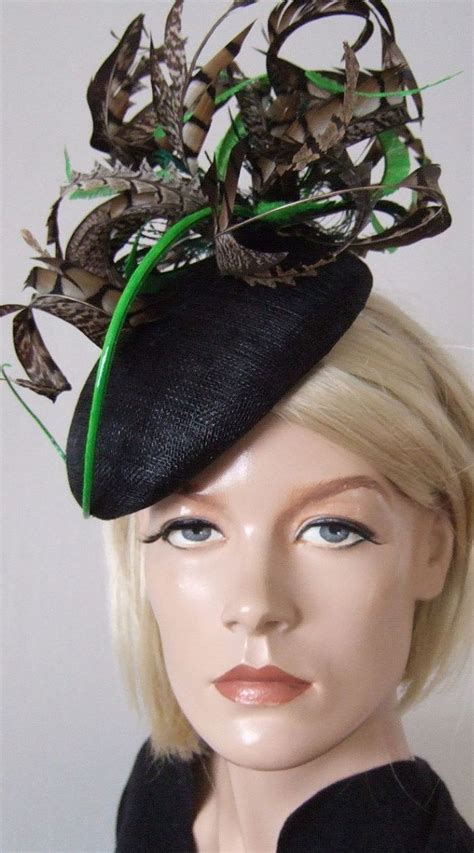 Black Green And Brown Amherst Pheasant Feathered Beret Headpiece Hat