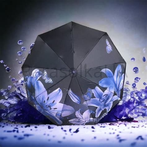 "синий акцент: зонт с синими лилиями на сатиновой ткани и 9 спицами ...