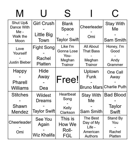 Pop Music Bingo Card