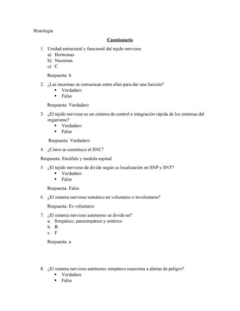 Cuestionario Tejido Nevioso Histología Cuestionario Unidad