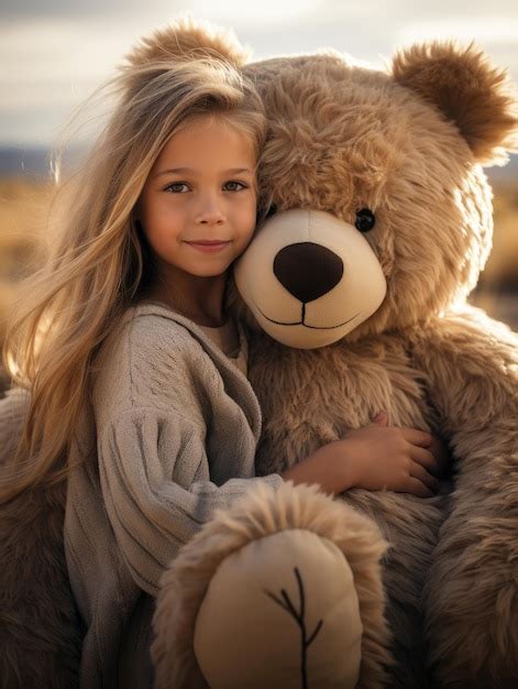 Premium AI Image A Blonde Girl Sits And Hugs A Giant Doll Brown Teddy Bear