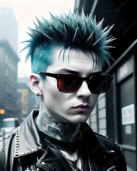 Portrait image featuring a cool gen z punk guy with a retro punk style wearing sunglasses and ...