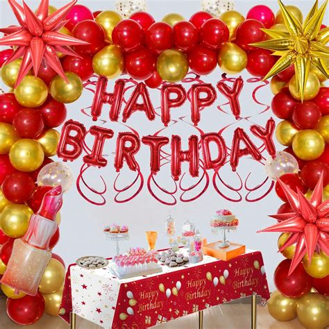 Red Gold Birthday Decorations For People, Red And Gold Balloon Arch Kit With Red Happy Birthday ...