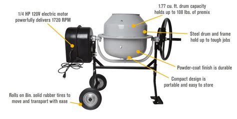 Klutch Mini Portable Electric Cement Mixer — 177 Cubic Ft Drum