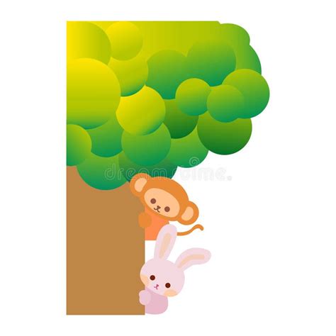 Mignon Singe Et Lapin En Bande Dessin E Se Cachant Derri Re L Arbre